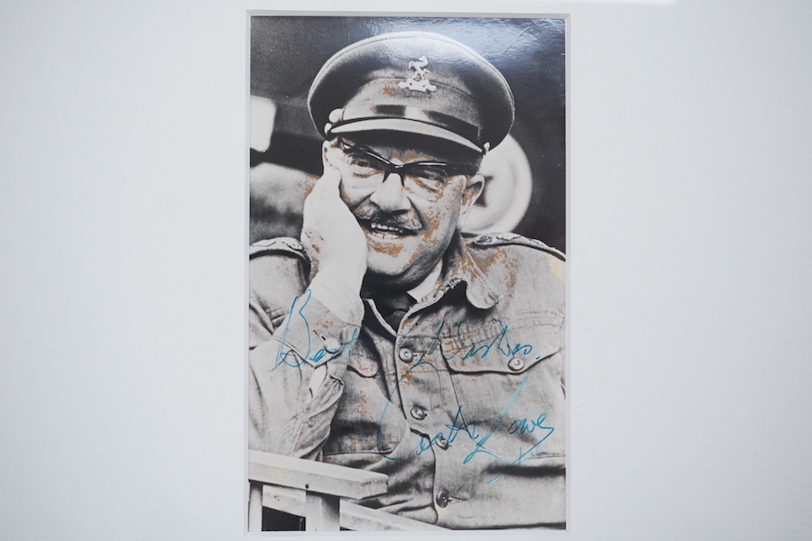 Six framed autographs and letters; including a letter from Kenneth Williams on headed notepaper dated 1971, together with another Williams signed photograph, a signed photograph of Clive Dunn, dated February ‘87, a signe